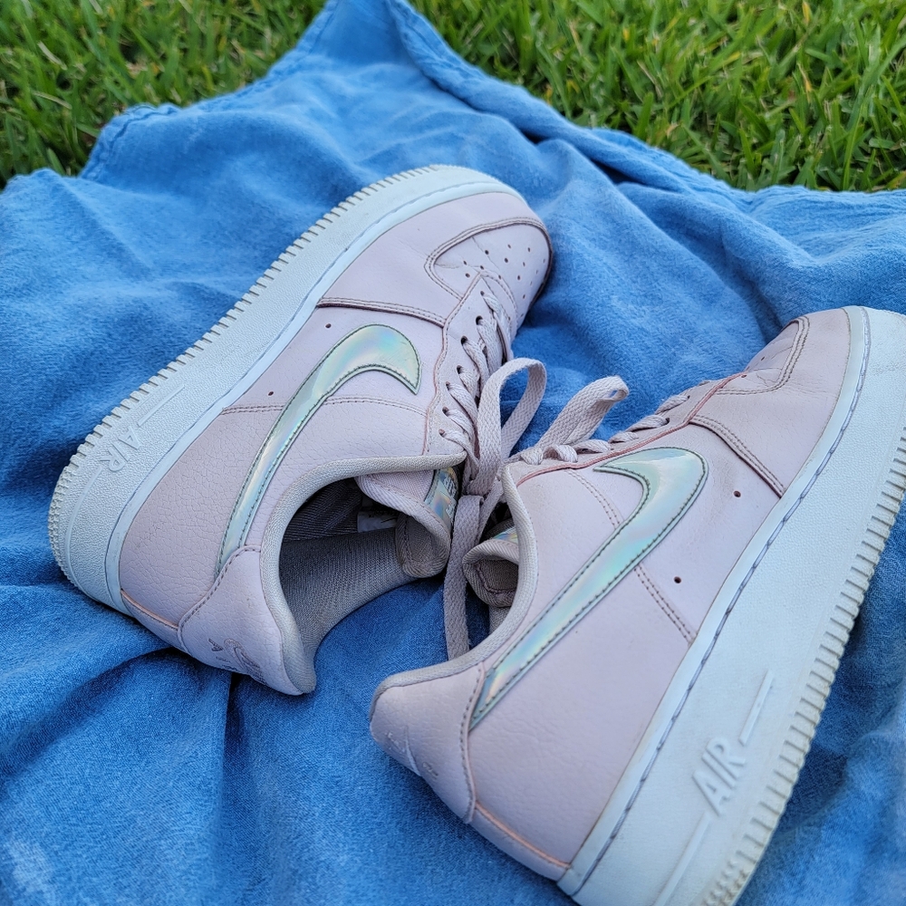 NIKE Air Force ones Pink Iridescent Swoosh Womens size Size 7.5 - Picture 10 of 14